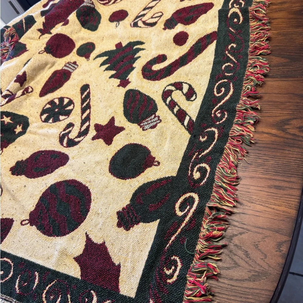 Festive Cream Holiday Throw Blanket with Red & Green Ornaments